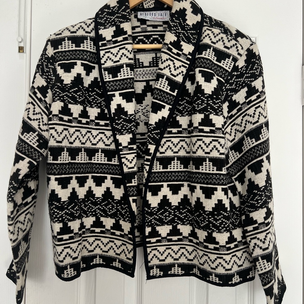 Bedford Fair Black and White Geometric Knit Blazer Aztec